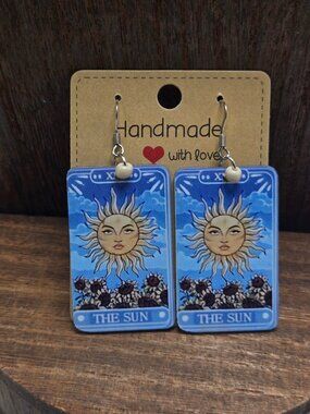 NWT The Sun Tarot Card Earrings Pierced Sunflowers Acrylic Dangle Drop OOAK